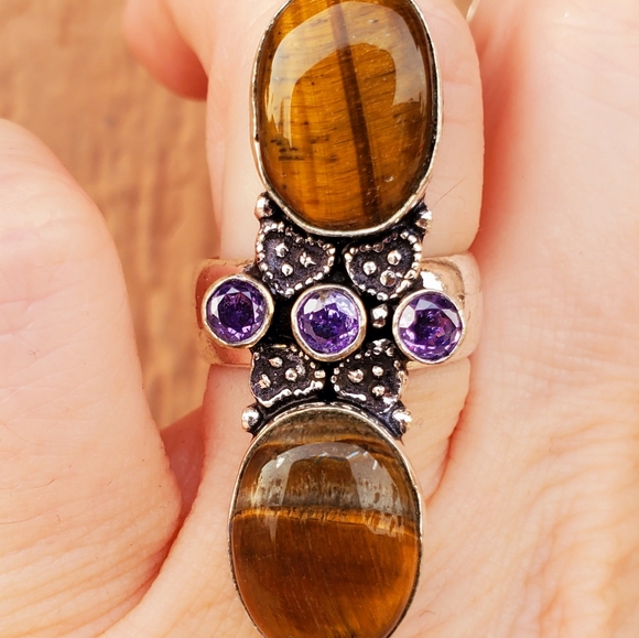 New Stunning Oversized Tiger Eye and Amethyst 925 Silver Statement Ring. - Picture 10 of 16